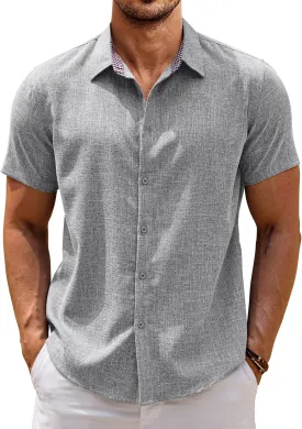 COOFANDY Mens Linen Shirt Casual Short Sleeve Button Down Shirts Summer Beach Vacation Tops