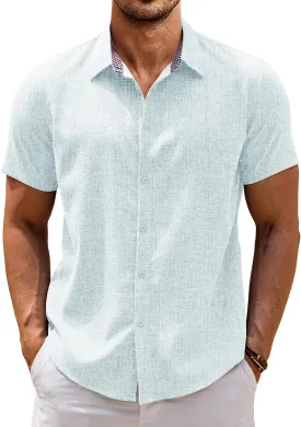 COOFANDY Mens Linen Shirt Casual Short Sleeve Button Down Shirts Summer Beach Vacation Tops