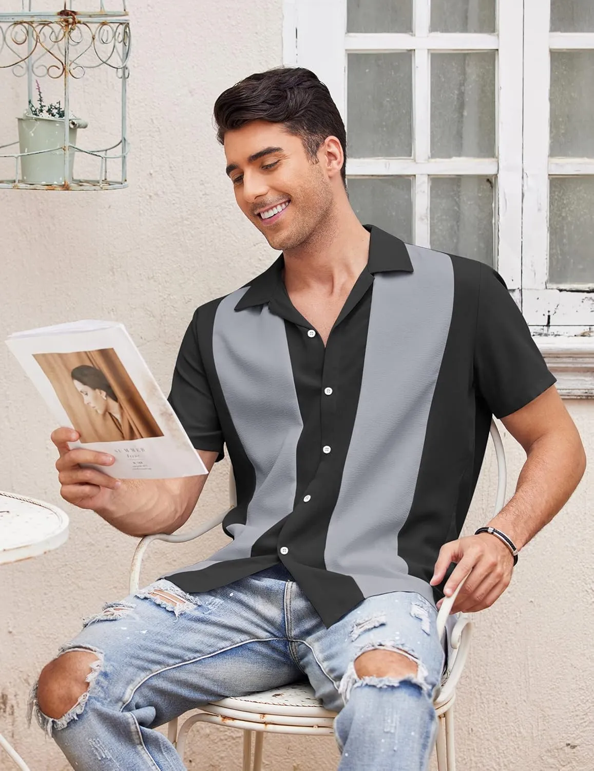 COOFANDY Men's Vintage Bowling Shirt Short Sleeve Button Down Summer Cuba Beach Shirts