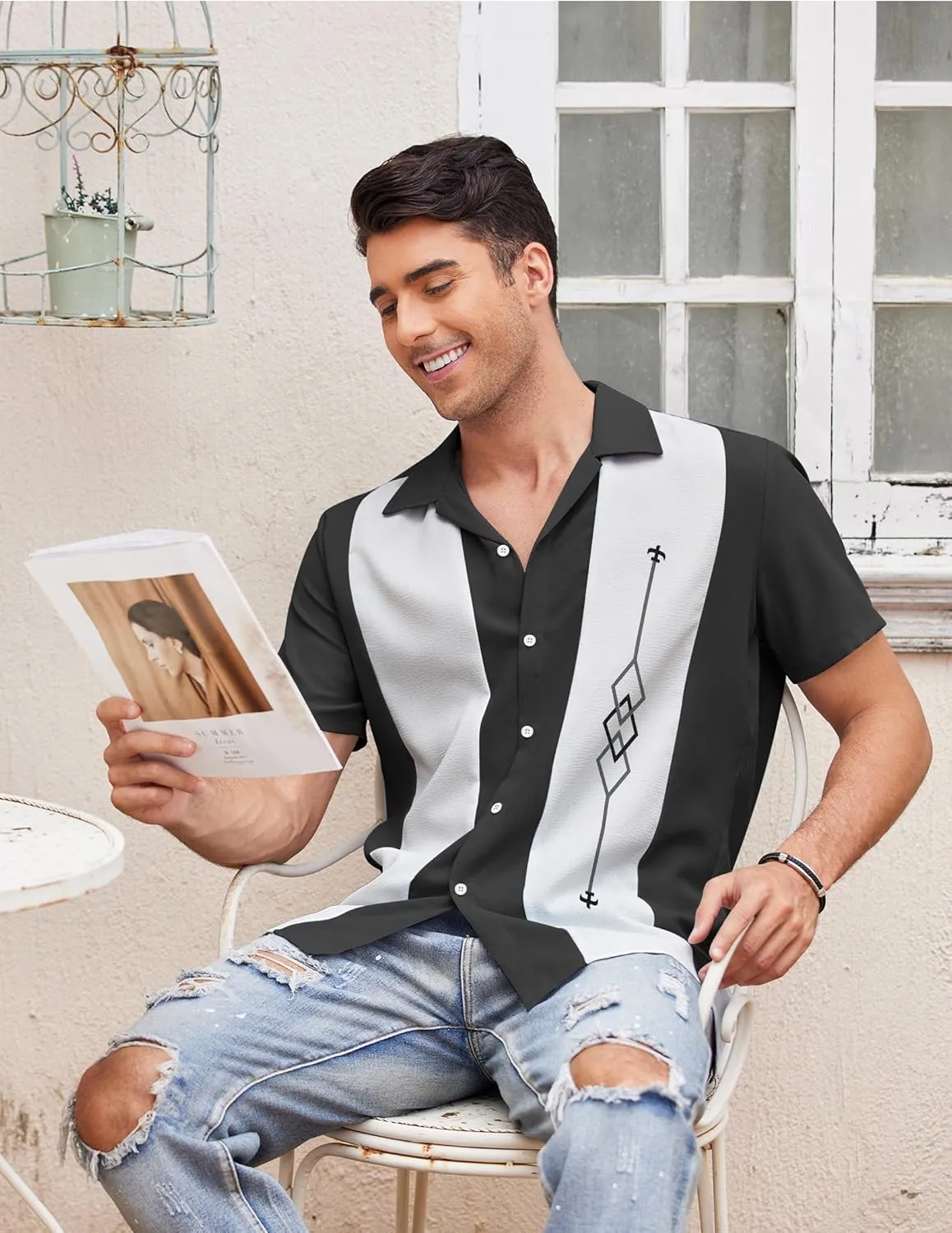 COOFANDY Men's Vintage Bowling Shirt Short Sleeve Button Down Summer Cuba Beach Shirts