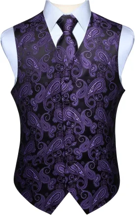 HISDERN Mens Vest Tie Set 3PC Formal Waistcoat Paisley Floral Jacquard Necktie Pocket Square Suit Vests Wedding Party
