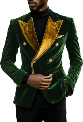 Leisure Men's Velvet Blazer Double Breasted Coat Peak Lapel Jacket Business Regular Fit Prom Tuxedos for Party