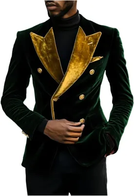 Leisure Men's Velvet Blazer Double Breasted Coat Peak Lapel Jacket Business Regular Fit Prom Tuxedos for Party