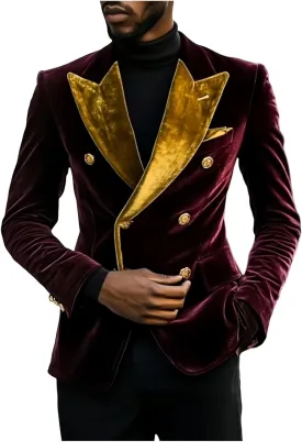 Leisure Men's Velvet Blazer Double Breasted Coat Peak Lapel Jacket Business Regular Fit Prom Tuxedos for Party
