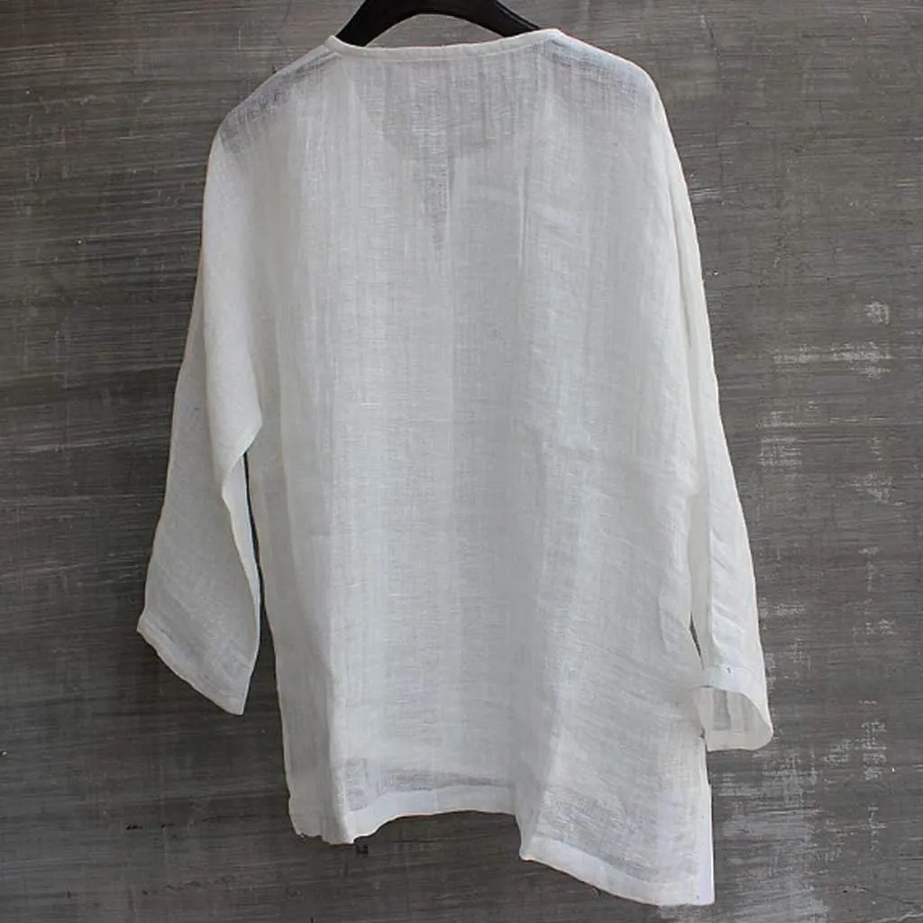 Men Cotton Linen Henley Shirts Hippie Baggy Breathable 3/4 Sleeve Blouse Summer Casual V Neck Beach Yoga Tunic Tops