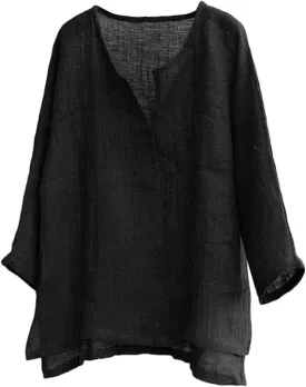 Men Cotton Linen Henley Shirts Hippie Baggy Breathable 3/4 Sleeve Blouse Summer Casual V Neck Beach Yoga Tunic Tops