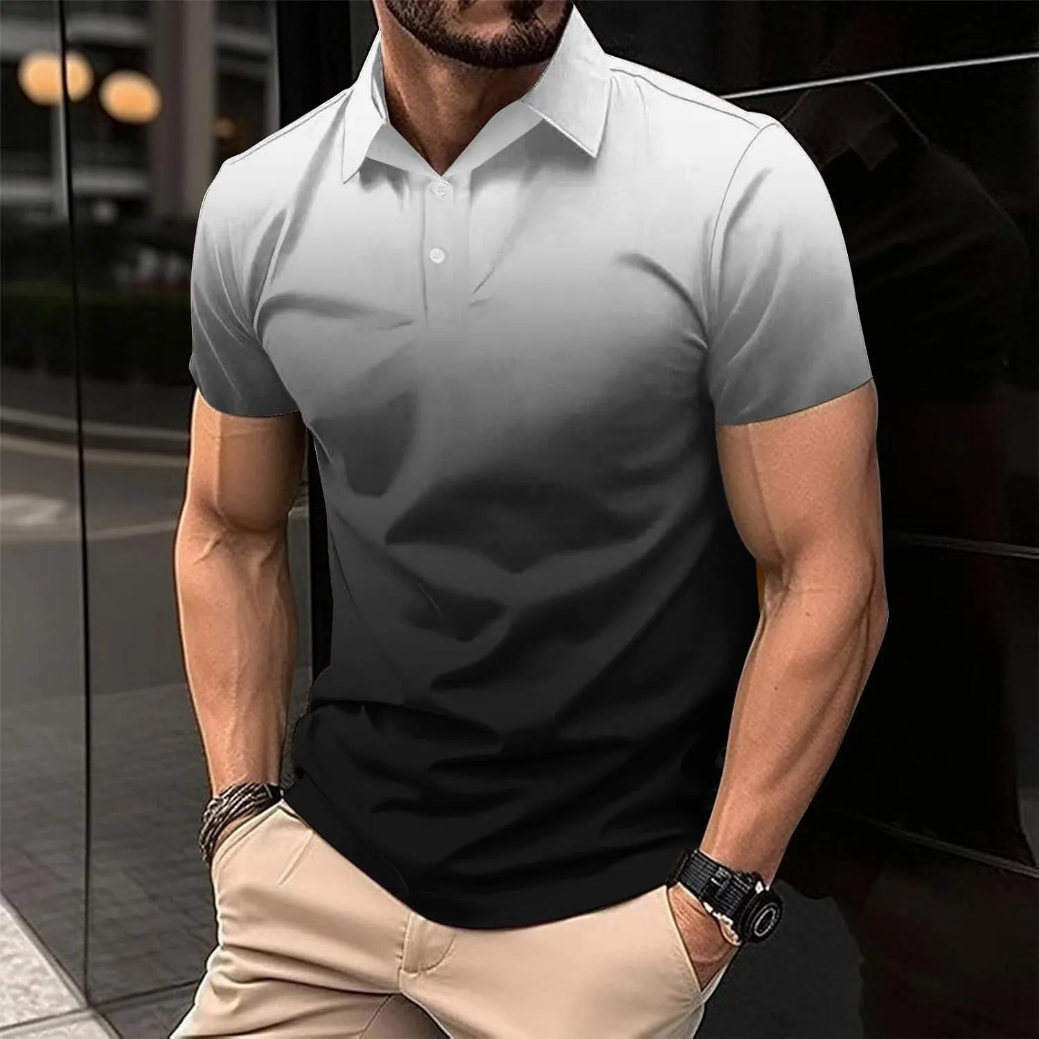 Mens Polo Shirts Short Sleeve Gradient Color Gym Workout Golf T-Shirt Casual Fashion V Neck Button Down Tops 2025