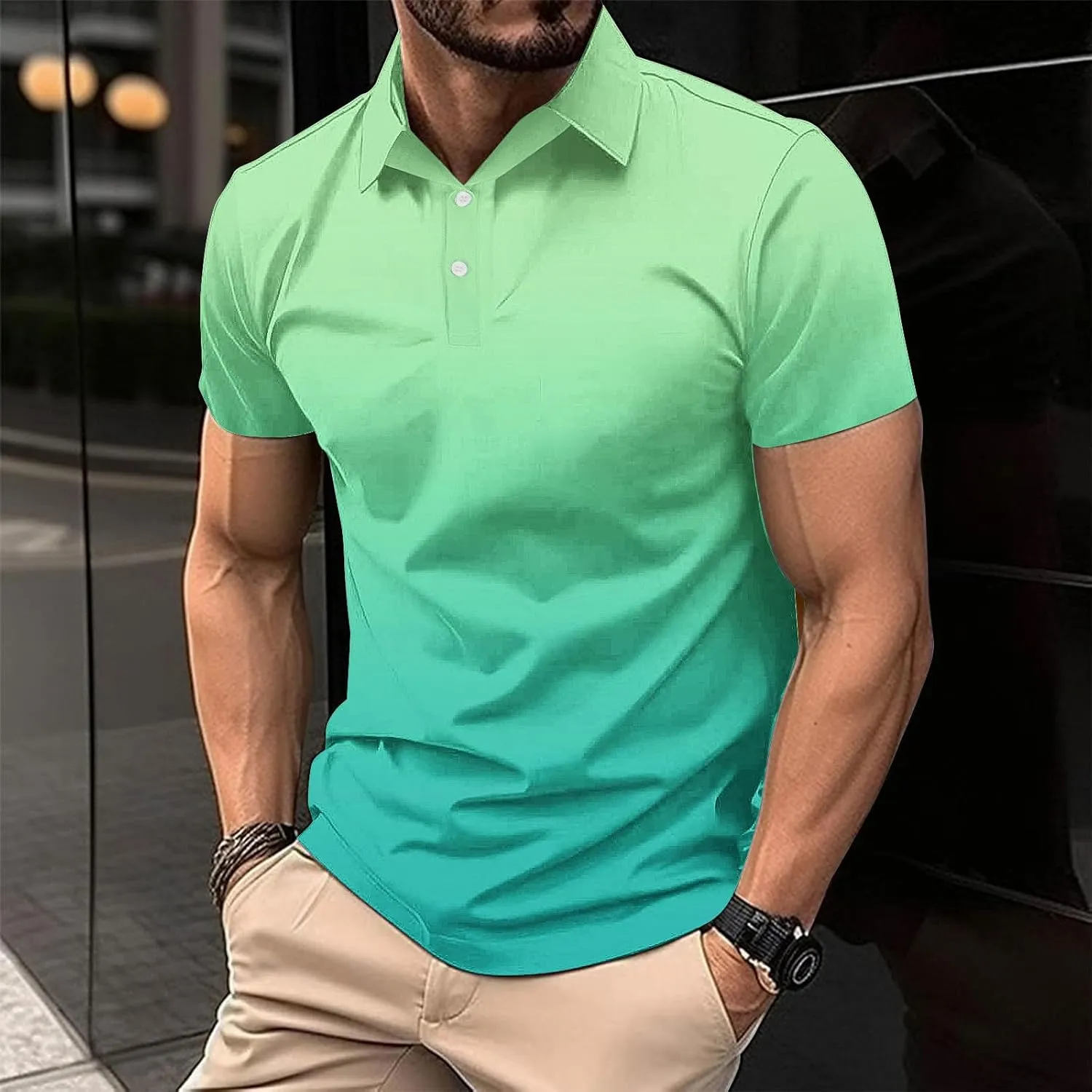 Mens Polo Shirts Short Sleeve Gradient Color Gym Workout Golf T-Shirt Casual Fashion V Neck Button Down Tops 2025
