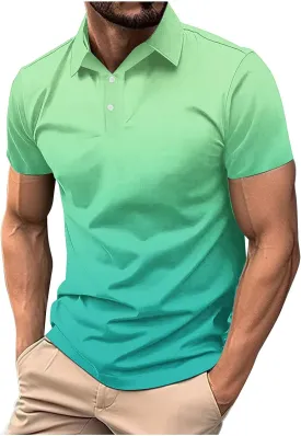 Mens Polo Shirts Short Sleeve Gradient Color Gym Workout Golf T-Shirt Casual Fashion V Neck Button Down Tops 2025