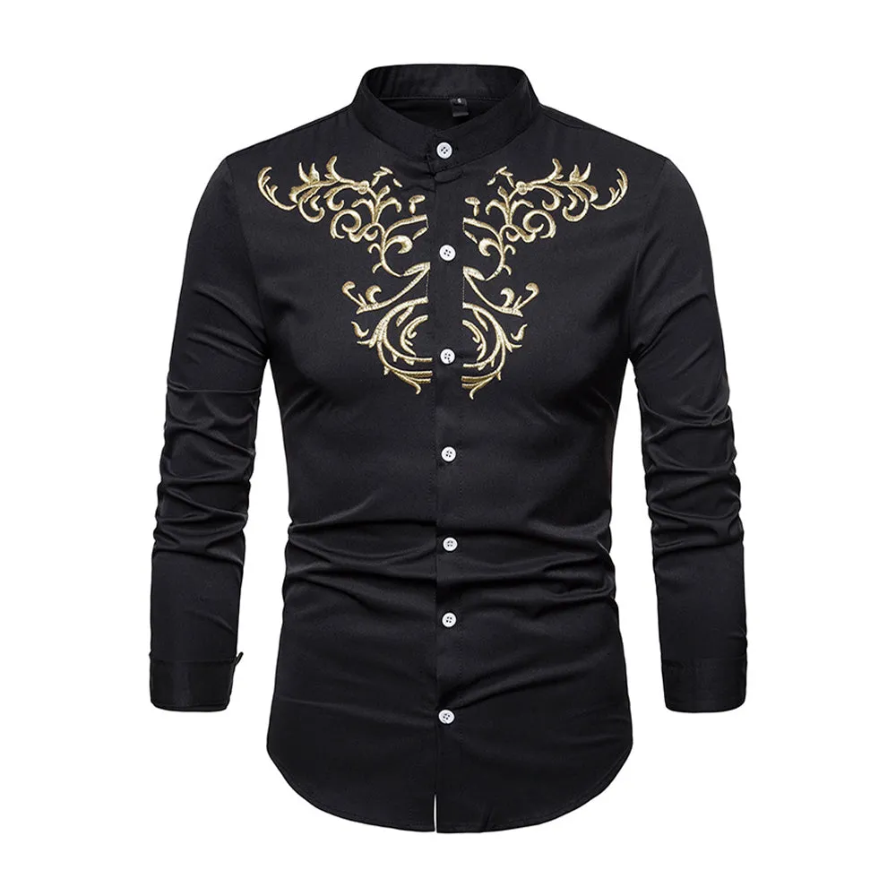 Mens Slim Fit Embroidered Floral Button Down Shirt