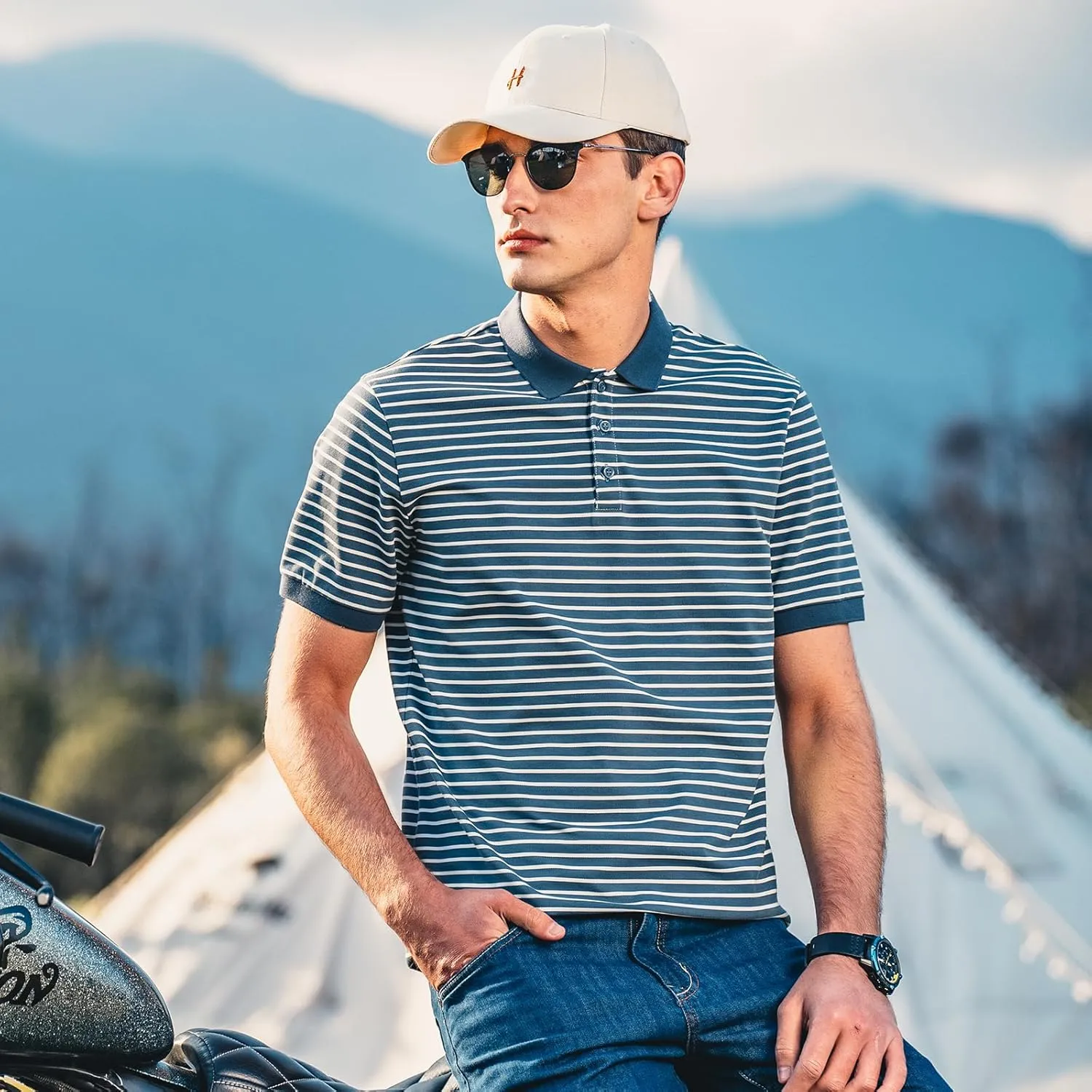 Men's Striped Polo Short Sleeve T-Shirt Summer Business Casual Pique Cotton Shirt