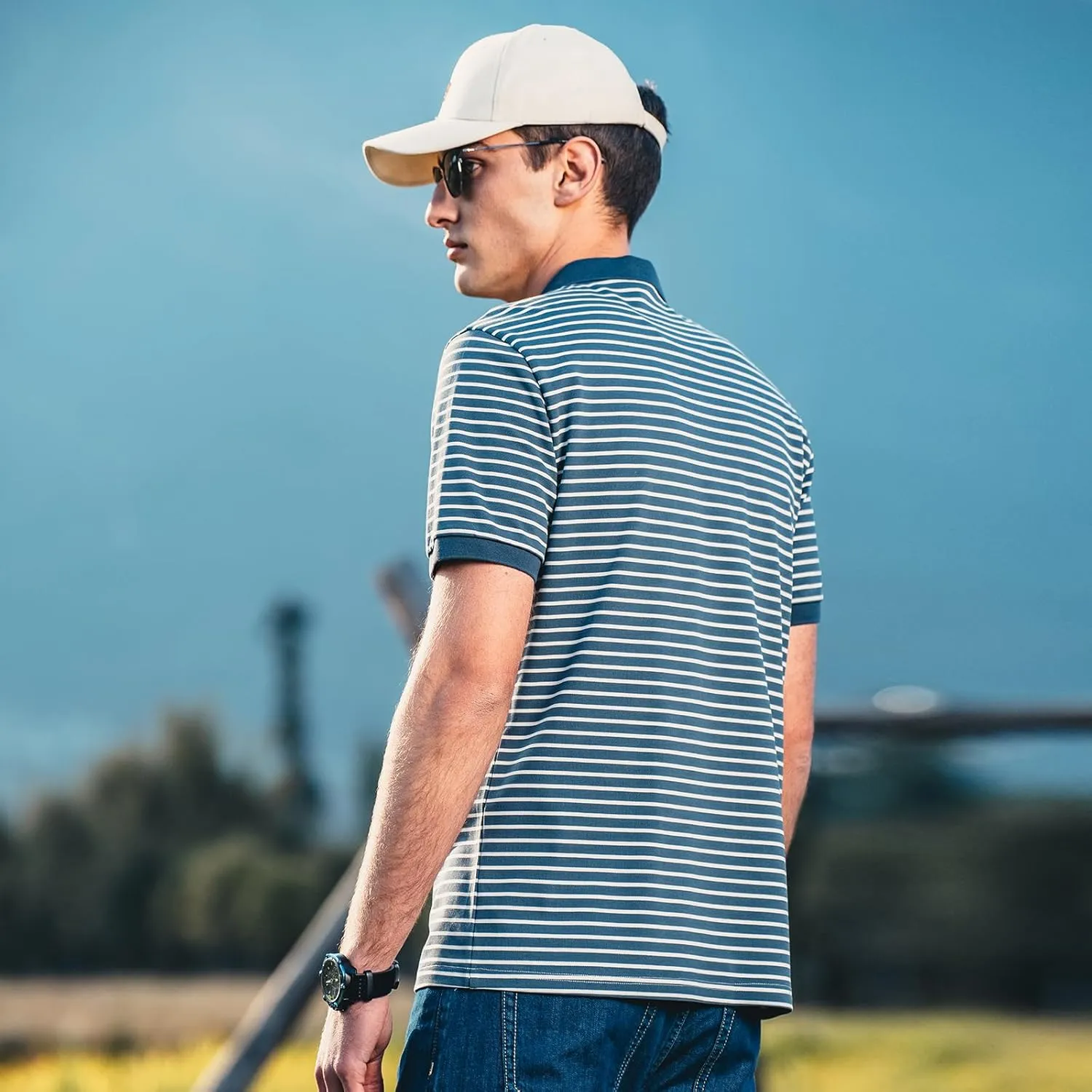 Men's Striped Polo Short Sleeve T-Shirt Summer Business Casual Pique Cotton Shirt