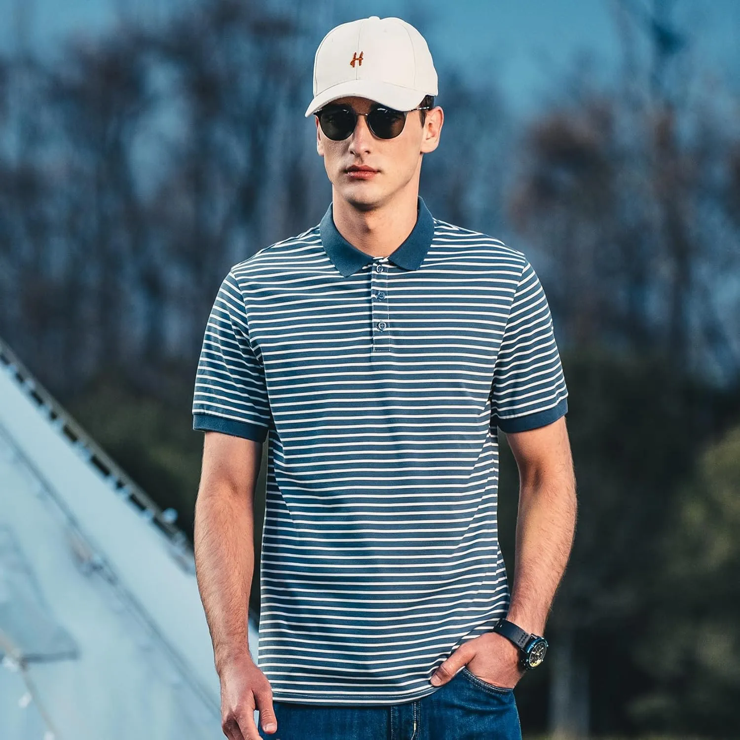 Men's Striped Polo Short Sleeve T-Shirt Summer Business Casual Pique Cotton Shirt