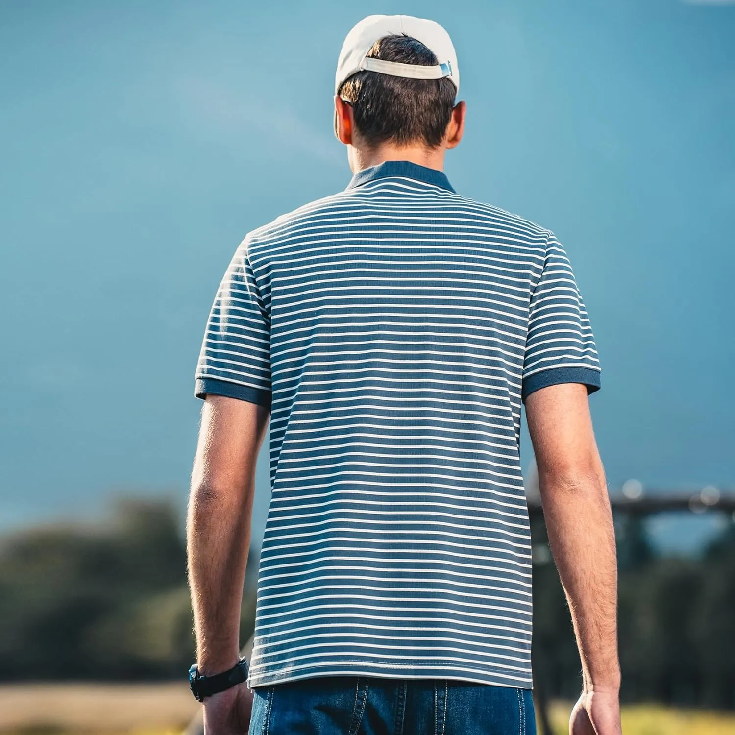 Men's Striped Polo Short Sleeve T-Shirt Summer Business Casual Pique Cotton Shirt