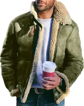 Men's Suede Winter Jacket Fur Collar Bomber Faux Leather Coat Sherpa Lined Warm Winter Outwear