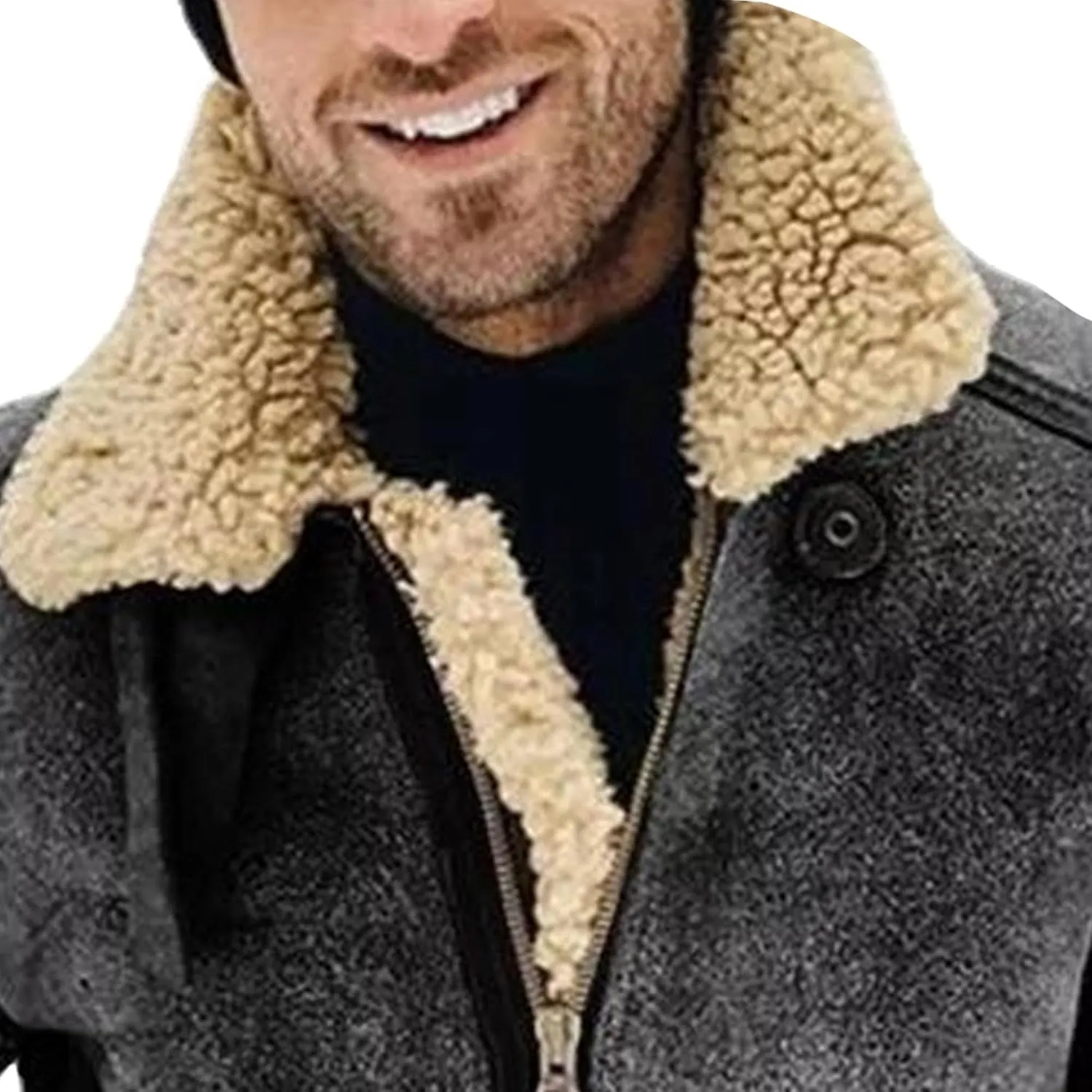Men's Suede Winter Jacket Fur Collar Bomber Faux Leather Coat Sherpa Lined Warm Winter Outwear