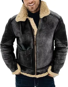Men's Suede Winter Jacket Fur Collar Bomber Faux Leather Coat Sherpa Lined Warm Winter Outwear