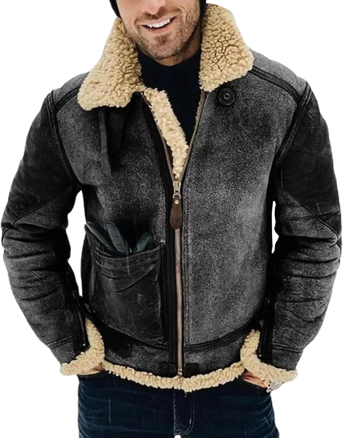Men's Suede Winter Jacket Fur Collar Bomber Faux Leather Coat Sherpa Lined Warm Winter Outwear