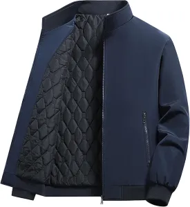 Men's Windproof Padded Jacket Casual Winter Full Zip Coats Quilted Bomber Warm Stand Collar Outwear