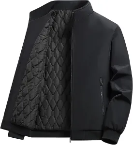 Men's Windproof Padded Jacket Casual Winter Full Zip Coats Quilted Bomber Warm Stand Collar Outwear