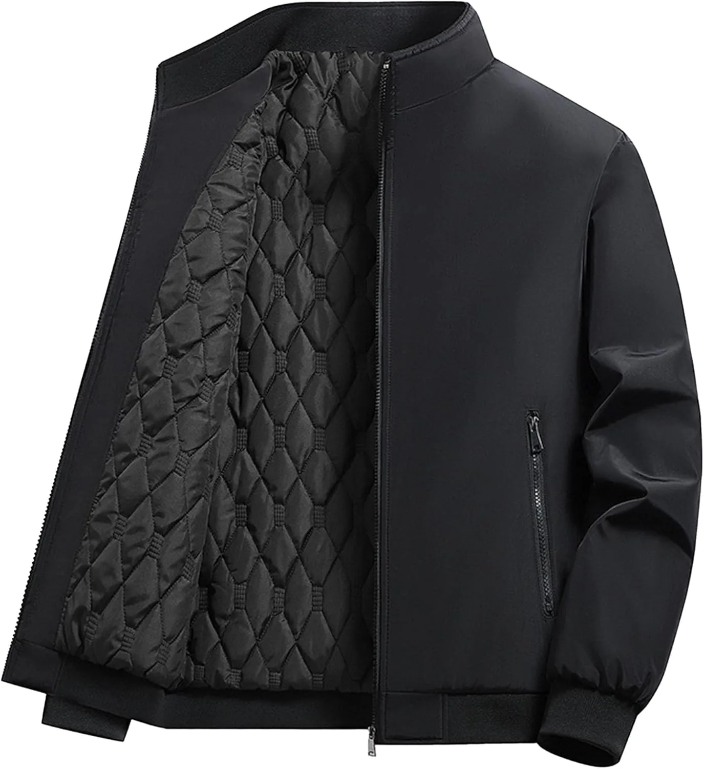 Men's Windproof Padded Jacket Casual Winter Full Zip Coats Quilted Bomber Warm Stand Collar Outwear