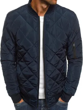 Men's Winter Warm Baseball Jacket Male Diamond Quilted Casual Bomber Outerwear Men Long Sleeve Casual Bomber Coat