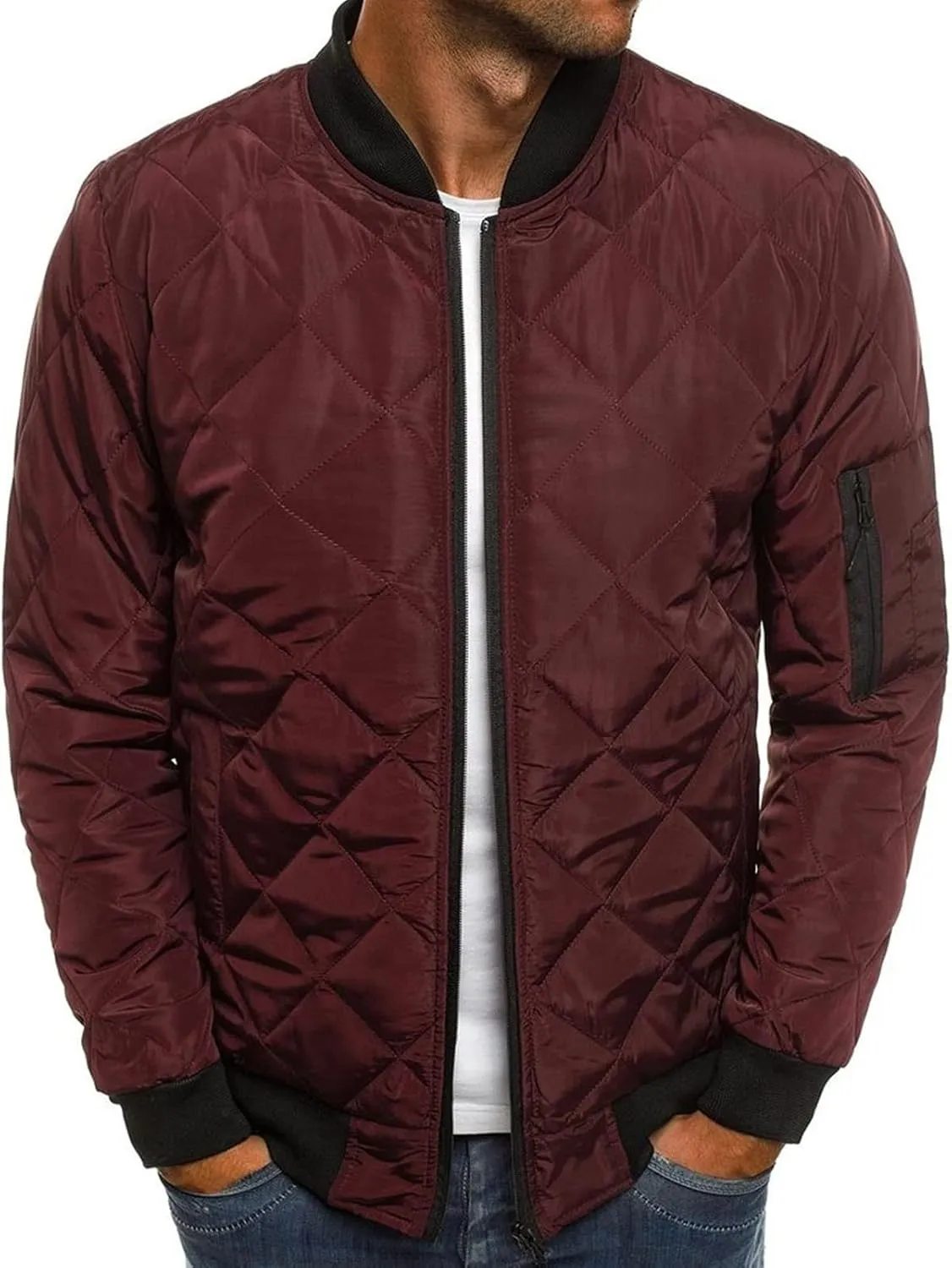 Men's Winter Warm Baseball Jacket Male Diamond Quilted Casual Bomber Outerwear Men Long Sleeve Casual Bomber Coat