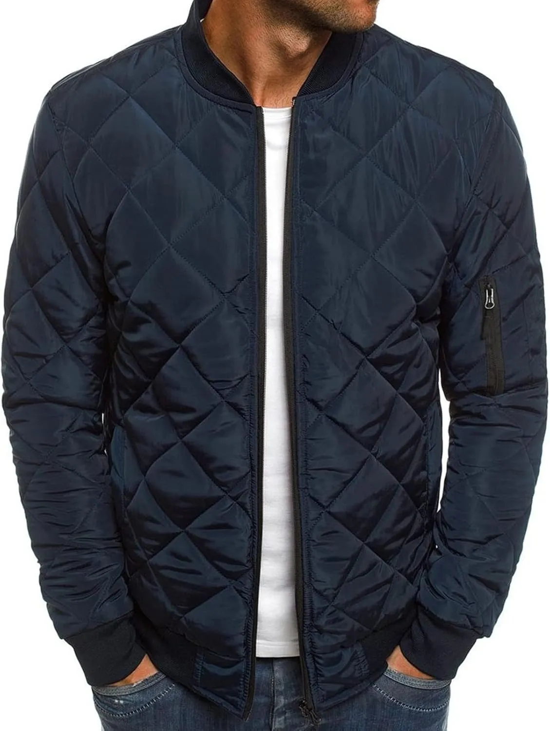 Men's Winter Warm Baseball Jacket Male Diamond Quilted Casual Bomber Outerwear Men Long Sleeve Casual Bomber Coat