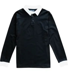Solid Black with White Collar Mens Long Sleeve Polo Rugby Shirt