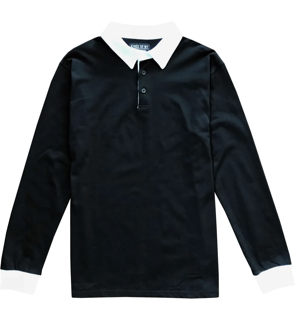 Solid Black with White Collar Mens Long Sleeve Polo Rugby Shirt