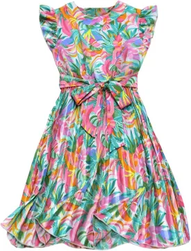 Women's Ruffle Hem Dress Summer Casual Fashion Loose Floral Print Cap Sleeve Pleated Dresses Beach Short Sundress
