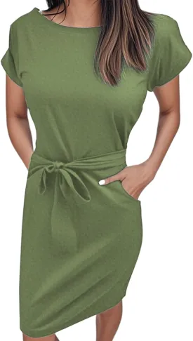 Women's Summer Dresses Crewneck Short Sleeve T Shirt Dress Solid Business Casual Tie Waist Mini Dress with Pockets