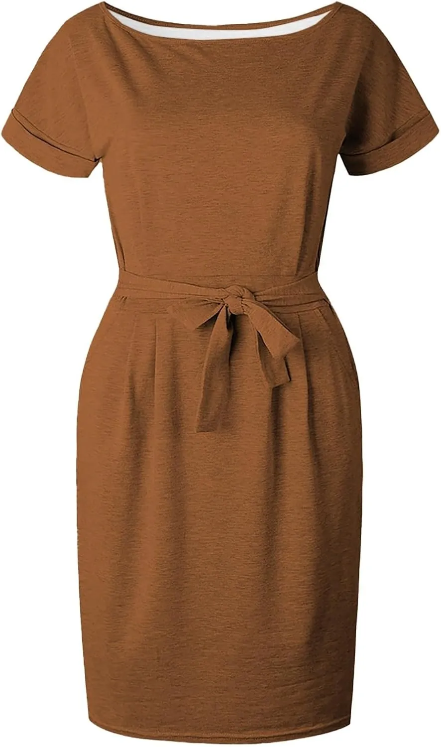 Women's Summer Dresses Crewneck Short Sleeve T Shirt Dress Solid Business Casual Tie Waist Mini Dress with Pockets