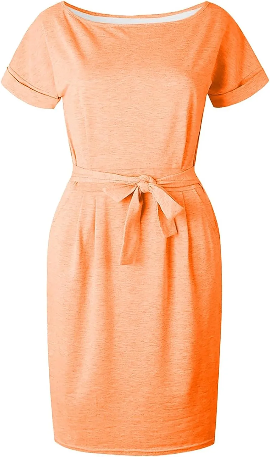 Women's Summer Dresses Crewneck Short Sleeve T Shirt Dress Solid Business Casual Tie Waist Mini Dress with Pockets