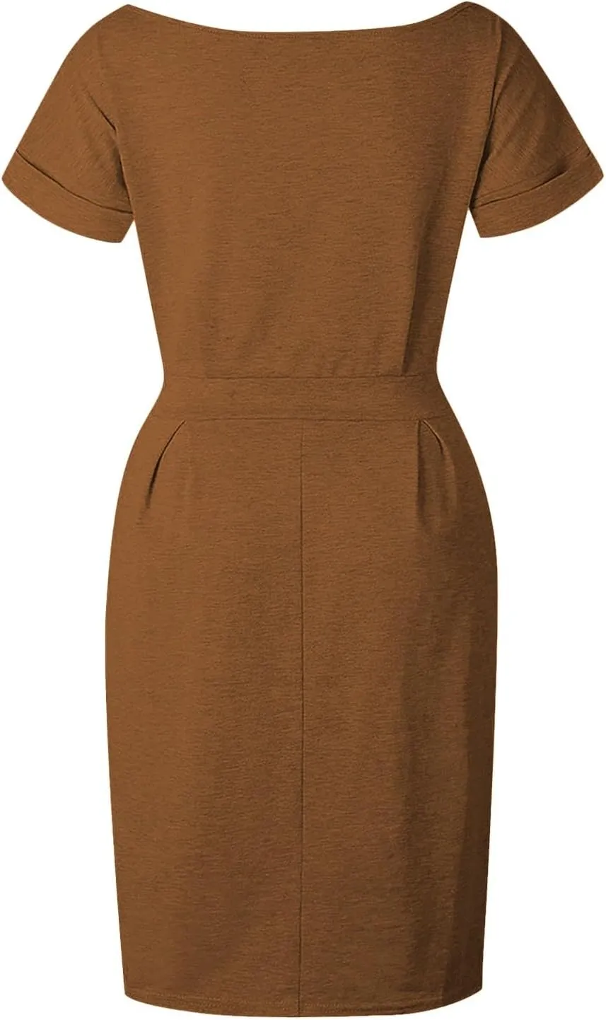 Women's Summer Dresses Crewneck Short Sleeve T Shirt Dress Solid Business Casual Tie Waist Mini Dress with Pockets