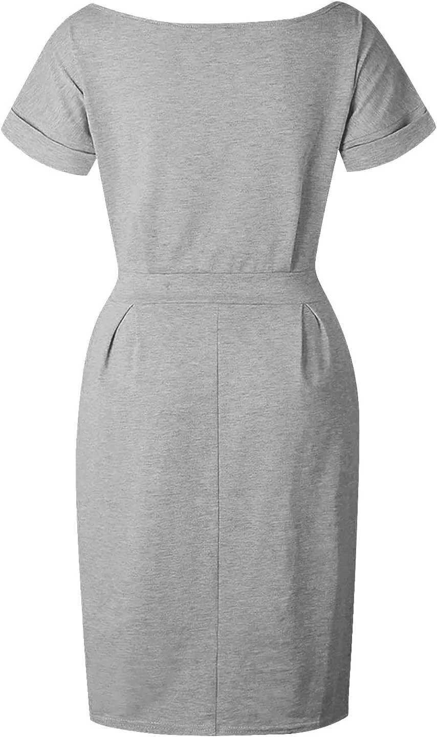 Women's Summer Dresses Crewneck Short Sleeve T Shirt Dress Solid Business Casual Tie Waist Mini Dress with Pockets