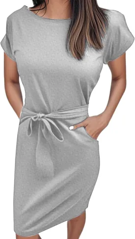 Women's Summer Dresses Crewneck Short Sleeve T Shirt Dress Solid Business Casual Tie Waist Mini Dress with Pockets