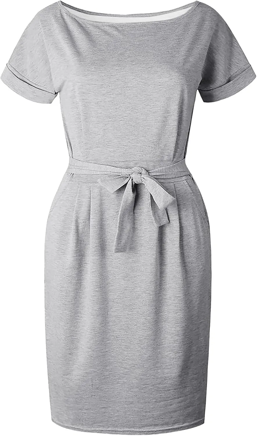 Women's Summer Dresses Crewneck Short Sleeve T Shirt Dress Solid Business Casual Tie Waist Mini Dress with Pockets