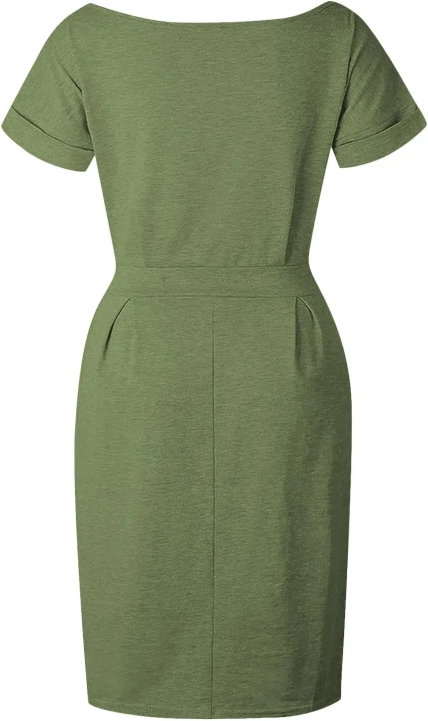 Women's Summer Dresses Crewneck Short Sleeve T Shirt Dress Solid Business Casual Tie Waist Mini Dress with Pockets