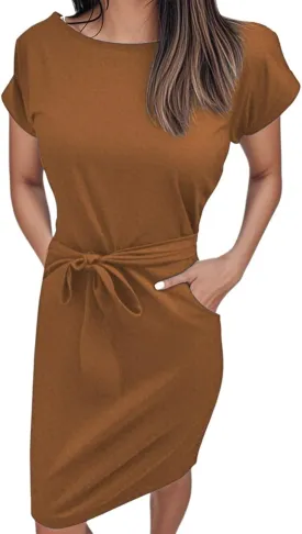 Women's Summer Dresses Crewneck Short Sleeve T Shirt Dress Solid Business Casual Tie Waist Mini Dress with Pockets