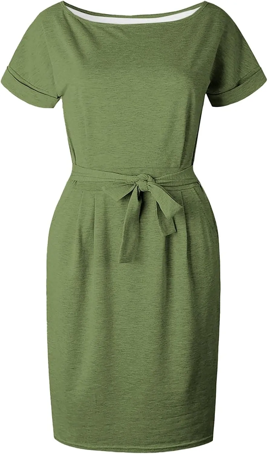 Women's Summer Dresses Crewneck Short Sleeve T Shirt Dress Solid Business Casual Tie Waist Mini Dress with Pockets