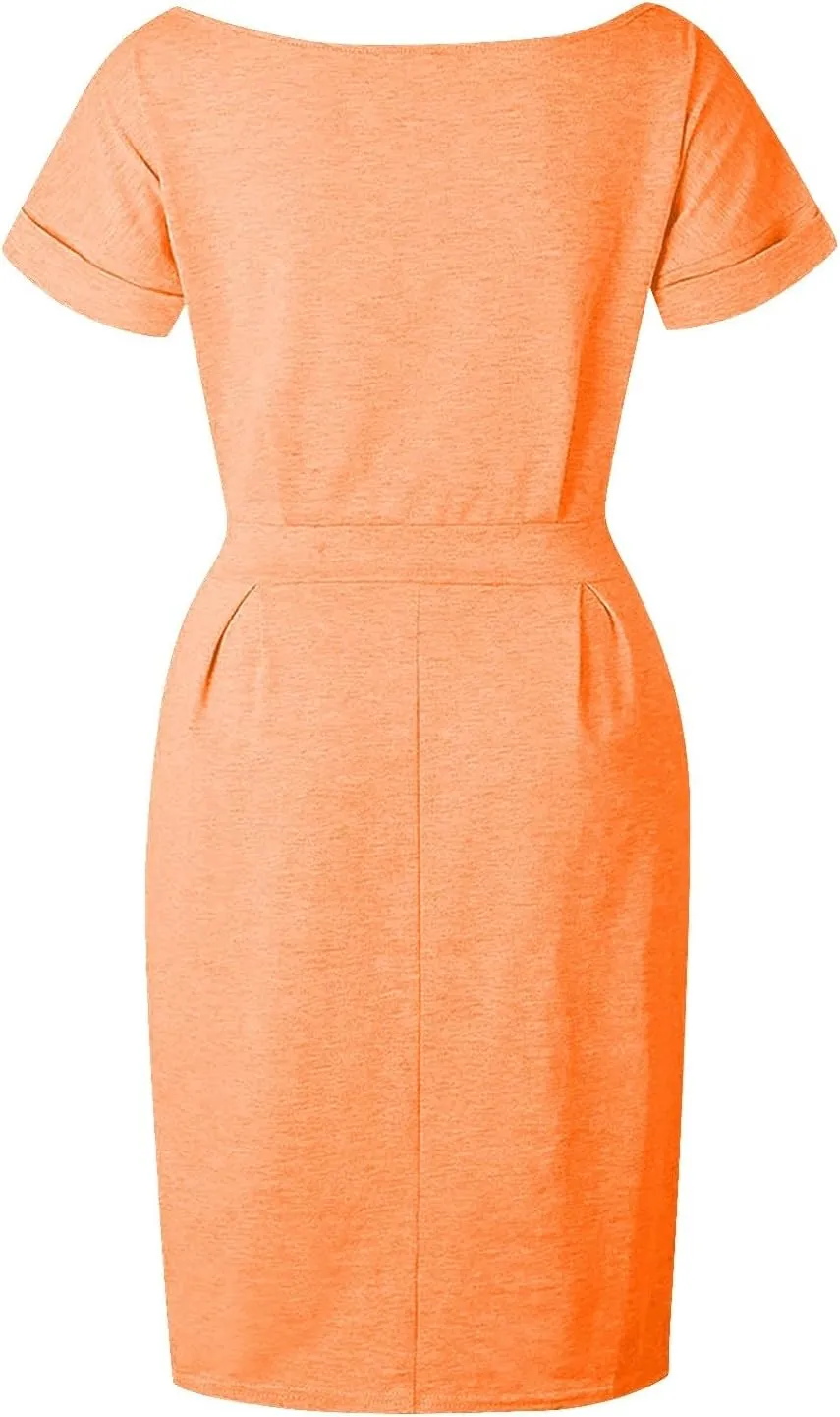 Women's Summer Dresses Crewneck Short Sleeve T Shirt Dress Solid Business Casual Tie Waist Mini Dress with Pockets