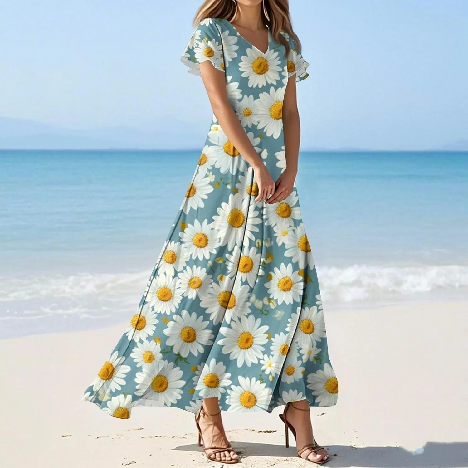ZEFOTIM Long Dresses for Women Cute Floral Dress Short Sleeve V Neck Dresses