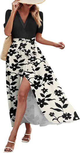 ZEFOTIM Long Flowy Dresses for Women Party Floral Dress Short Sleeve V Neck Dresses with Slit