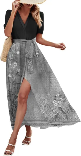 ZEFOTIM Long Flowy Dresses for Women Party Floral Dress Short Sleeve V Neck Dresses with Slit