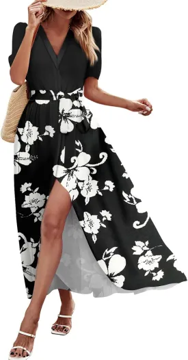 ZEFOTIM Long Flowy Dresses for Women Party Floral Dress Short Sleeve V Neck Dresses with Slit