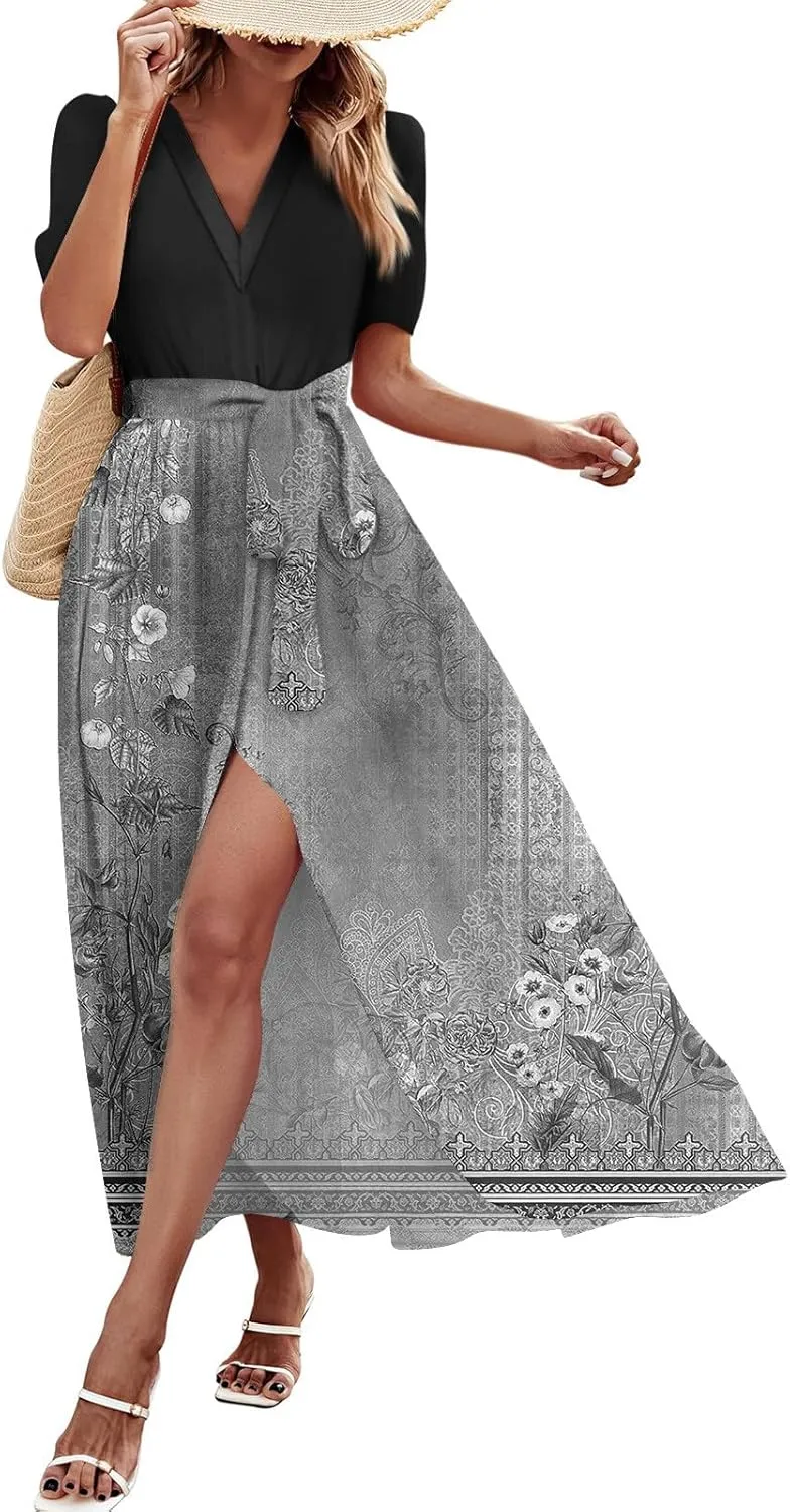ZEFOTIM Long Flowy Dresses for Women Party Floral Dress Short Sleeve V Neck Dresses with Slit