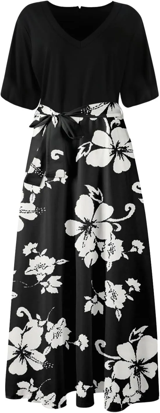 ZEFOTIM Long Flowy Dresses for Women Party Floral Dress Short Sleeve V Neck Dresses with Slit