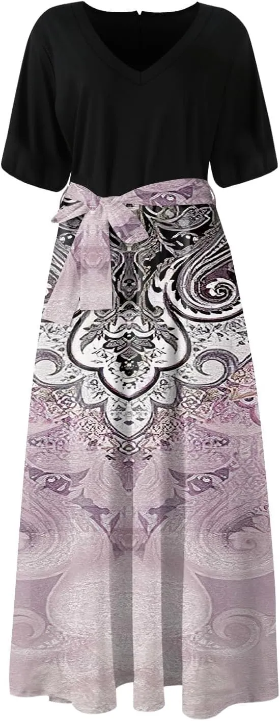 ZEFOTIM Long Flowy Dresses for Women Party Floral Dress Short Sleeve V Neck Dresses with Slit