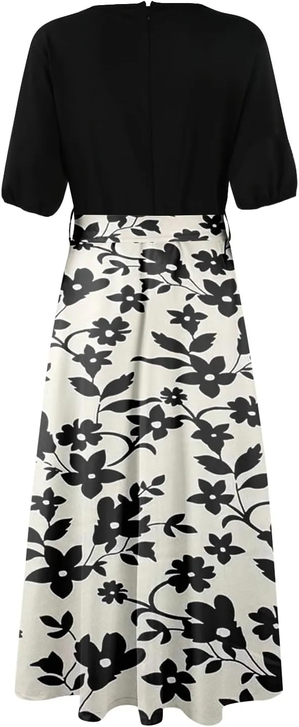ZEFOTIM Long Flowy Dresses for Women Party Floral Dress Short Sleeve V Neck Dresses with Slit